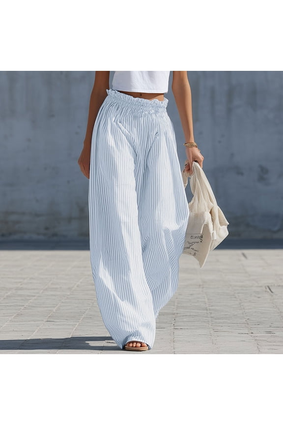 Women Plus Size Harem Pants Elastic Waist Flowy Striped Boho Vacation Lounge Wide Leg Cropped Palazzo Trousers Summer Travel Beach Casual, Light Blue 3XL