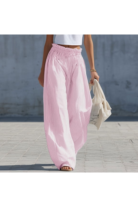 Women Plus Size Harem Pants Elastic Waist Flowy Striped Boho Vacation Lounge Wide Leg Cropped Palazzo Trousers Summer Travel Beach Casual, Pink 2XL