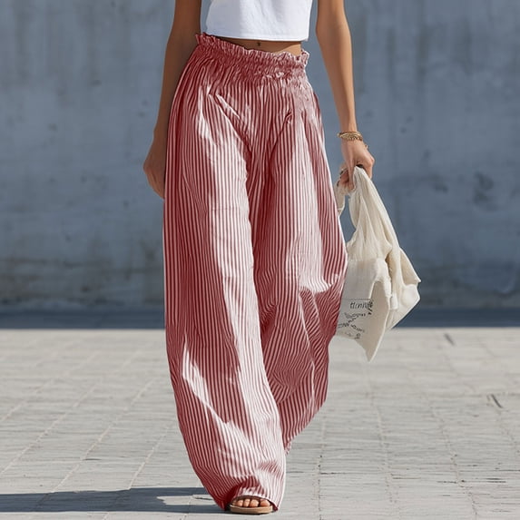Cagogo Women Plus Size Harem Pants Elastic Waist Flowy Striped Boho Vacation Lounge Wide Leg Cropped Palazzo Trousers Summer Travel Beach Casual, Red XL