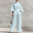 thumbnail image 1 of Cagogo Women Plus Size High Neck Puff Sleeve Blouse Wide Leg Pants Two Piece Set Solid Elegant Casual Matching Lounge Sets Loose Comfy Outfits Travel Airport Clothes, Blue 2XL, 1 of 7
