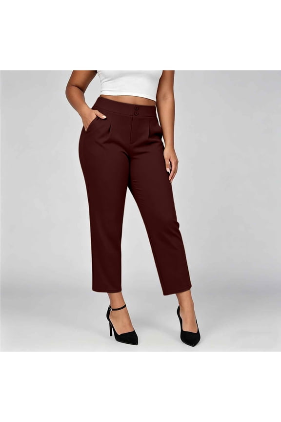 Women Plus Size High Waisted Capri Pants with Pockets Solid Straight Leg Cropped Trousers Elegant Office Casual Summer Lounge Pants, Wine 2XL
