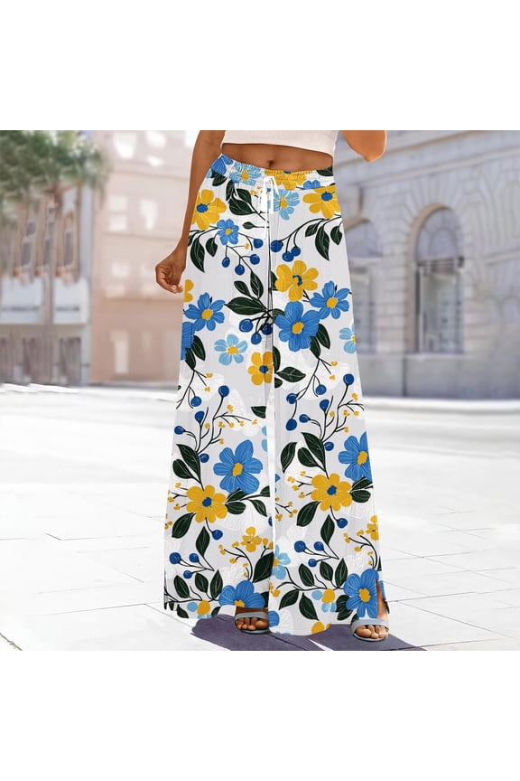 Women Plus Size Palazzo Pants High Waisted Floral Casual Loose Long Trousers Travel Beach Wear, White XL