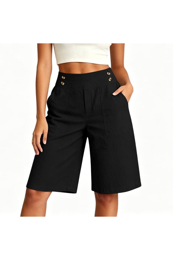 Women Plus Size Straight Leg Bermuda Pants High Waisted Casual Solid Shorts with Pockets Summer Active Workout Trousers Beach Lounge, Black 2XL