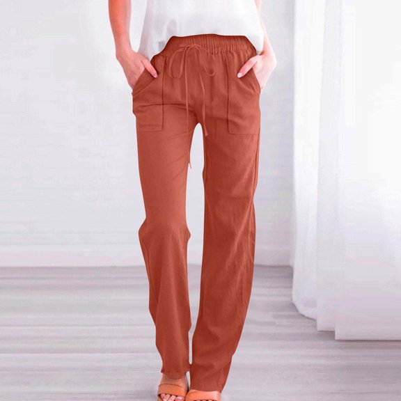 Cagogo Women Plus Size Straight Leg Elastic Waist Lounge Pants with Pockets Solid Casual Long Trousers for Work Beach Travel Walking, Orange L