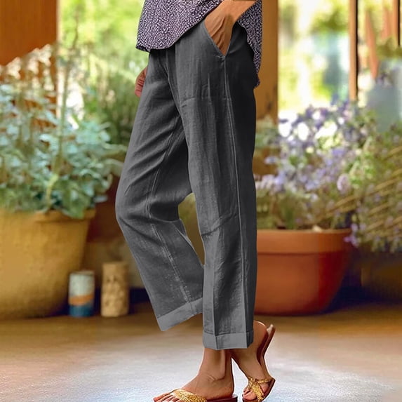 Cagogo Women Plus Size Straight Leg Mid Rise Trousers with Pockets Solid Casual Ankle Pants Vacation Beach Lounge Work Trousers, Dark Gray XL