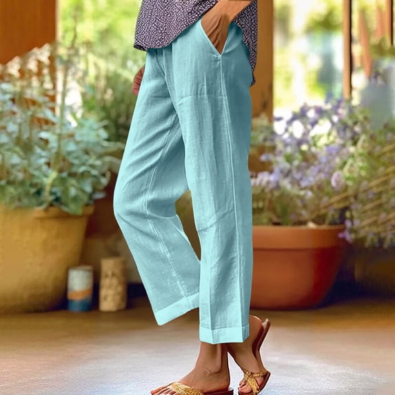 Cagogo Women Plus Size Straight Leg Mid Rise Trousers with Pockets Solid Casual Ankle Pants Vacation Beach Lounge Work Trousers, Light Blue 3XL