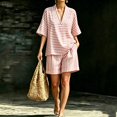 thumbnail image 1 of Cagogo Women Plus Size Striped 2 Piece Set V Neck Short Sleeve Blouse Shorts Casual Loose Boho Vacation Outfits Summer Cruise Travel Matching Lounge Clothes, Pink S, 1 of 6