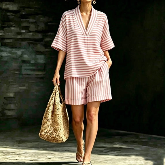Cagogo Women Plus Size Striped 2 Piece Set V Neck Short Sleeve Blouse Shorts Casual Loose Boho Vacation Outfits Summer Cruise Travel Matching Lounge Clothes, Pink S