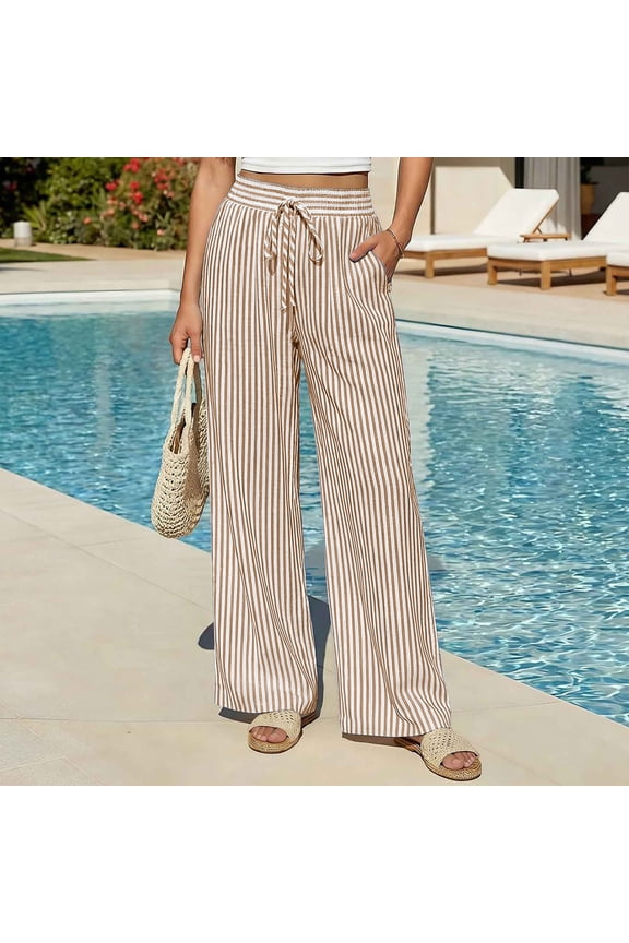Women Plus Size Striped Wide Leg Palazzo Pants Elastic Waist with Pockets Casual Beach Vacation Long Trousers Lounge Summer Trousers, Brown M