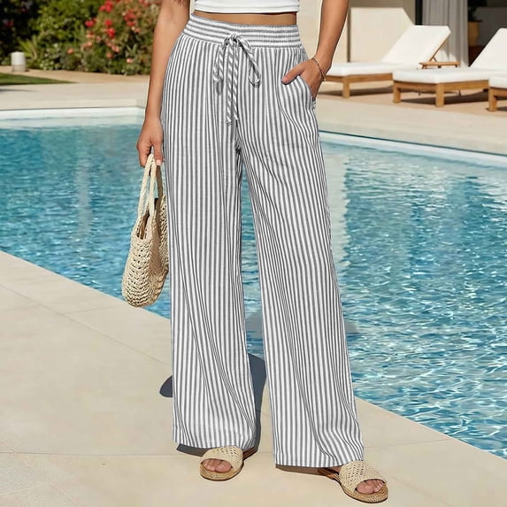 Cagogo Women Plus Size Striped Wide Leg Palazzo Pants Elastic Waist with Pockets Casual Beach Vacation Long Trousers Lounge Summer Trousers, Gray L