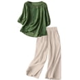 thumbnail image 1 of Cagogo Women Plus Size Two Piece Set Round Neck 3/4 Sleeve Blouse Wide Leg Pants Casual Solid Boho Loose Matching Outfits Summer Business Cruise Travel Clothes, Green XL, 1 of 7