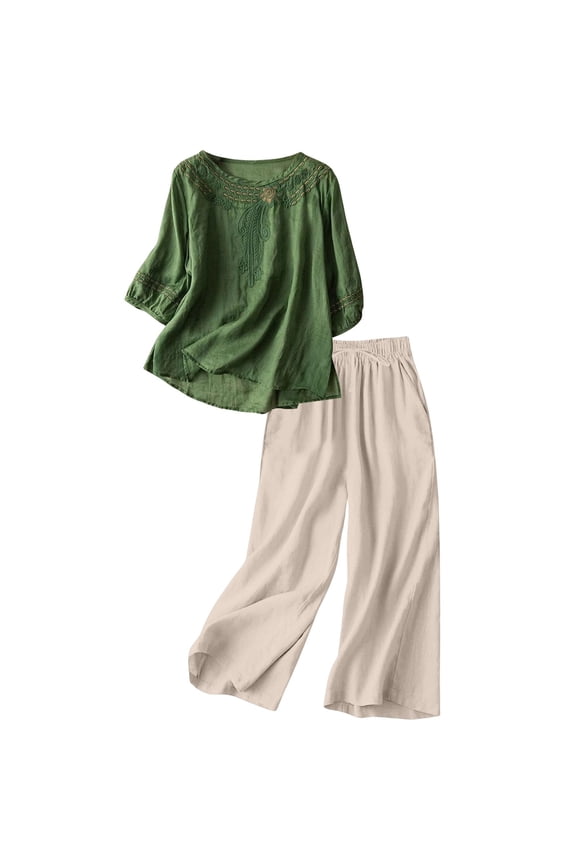 Women Plus Size Two Piece Set Round Neck 3/4 Sleeve Blouse Wide Leg Pants Casual Solid Boho Loose Matching Outfits Summer Business Cruise Travel Clothes, Green 3XL