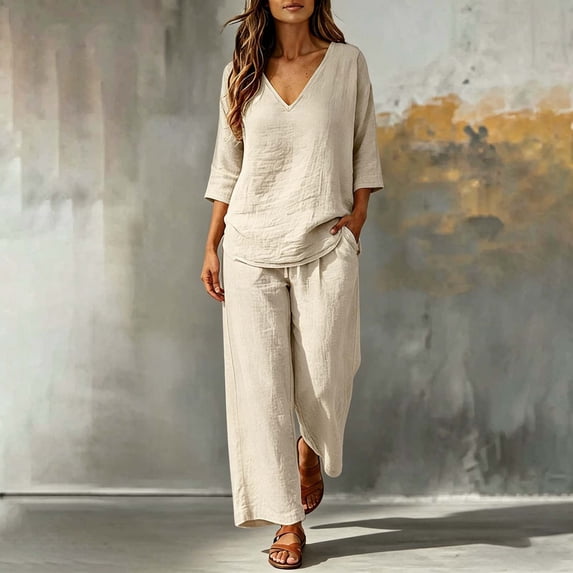 Cagogo Women Plus Size V Neck 3/4 Sleeve T Shirt Wide Leg Pants Two Piece Set Solid Boho Lounge Wear Casual Loose Outfits Spring Summer Travel Clothes, Beige 3XL