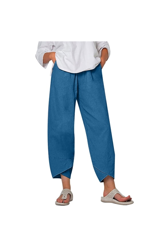 Women Plus Size Wide Leg Capri Pants Elastic Waist Flowy Casual Loose Solid Palazzo Trousers For Workout Beach Lounge Summer, Blue 3XL