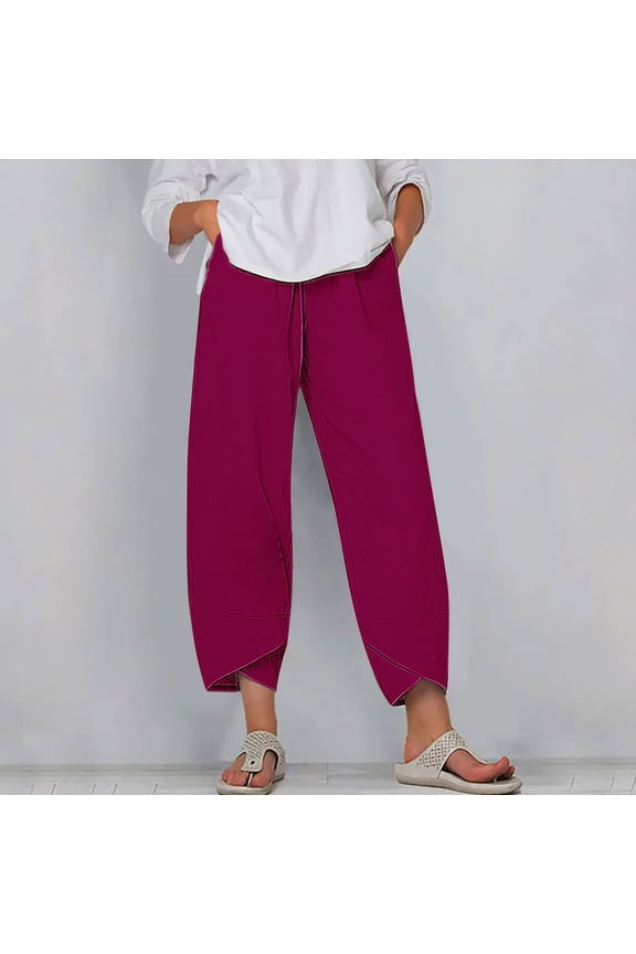 Women Plus Size Wide Leg Capri Pants Elastic Waist Flowy Casual Solid Boho Palazzo Trousers Vacation Beach Lounge Pants Summer, Red 2XL