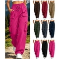 thumbnail image 1 of Cagogo Women Plus Size Wide Leg Cargo Pants Elastic Waist Casual Hiking Loose Long Pants with Pockets Outdoor Travel Trousers Summer Breathable Beach Work Clothes, Hot Pink M, 1 of 9