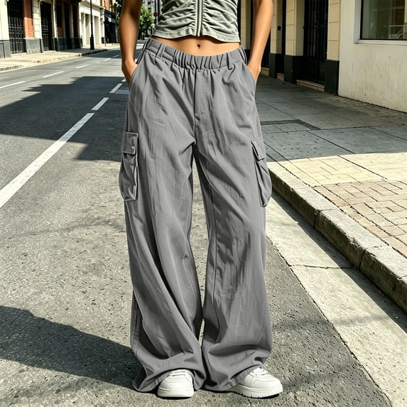 Cagogo Women Plus Size Wide Leg Cargo Pants Elastic Waist Casual Solid Streetwear Loose Long Trousers with Pockets Travel Work Lounge, Gray L