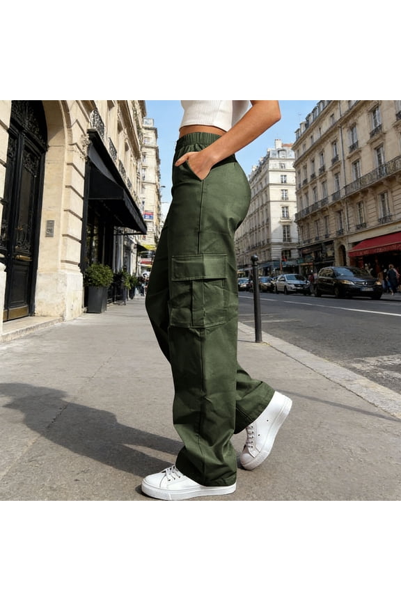 Women Plus Size Wide Leg Cargo Pants with Pockets Casual Loose Long Trousers Elastic Waist Travel Hiking Summer Outdoor Work Lounge, Army Green L
