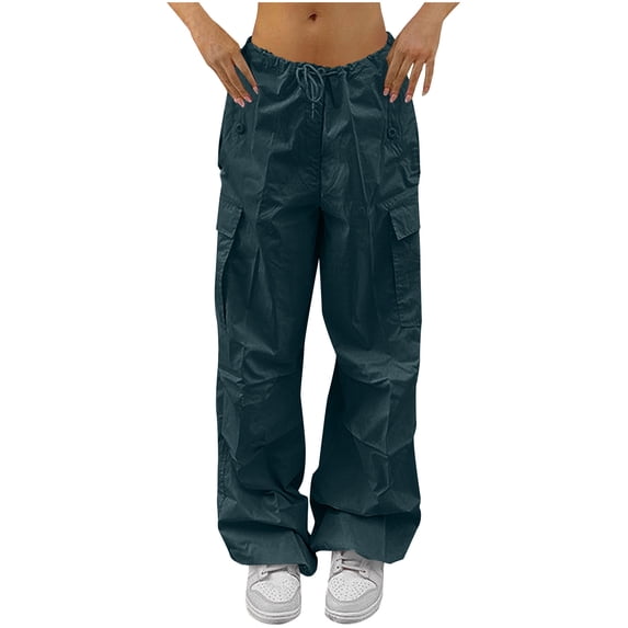Cagogo Women Plus Size Wide Leg Cargo Pants with Pockets Casual Solid Drawstring Loose Long Trousers Streetwear Beach Vacation Travel Lounge Pants, Navy 3XL