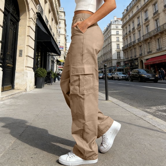 Cagogo Women Plus Size Wide Leg Cargo Pants with Pockets Casual Loose Long Trousers Elastic Waist Travel Hiking Summer Outdoor Work Lounge, Khaki XL