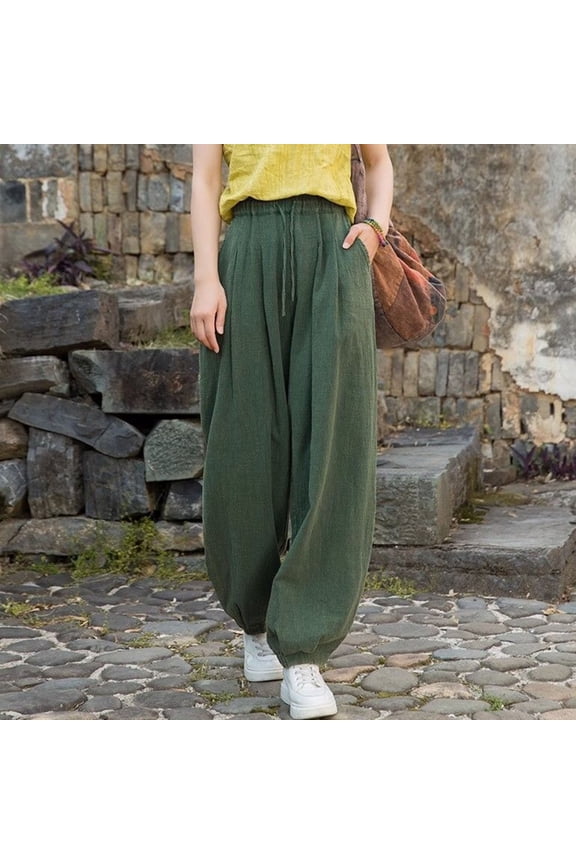 Women Plus Size Wide Leg Elastic Waist Flowy Loose Long Harem Pants Casual Cropped Palazzo Trousers for Beach Work Lounge, Army Green L
