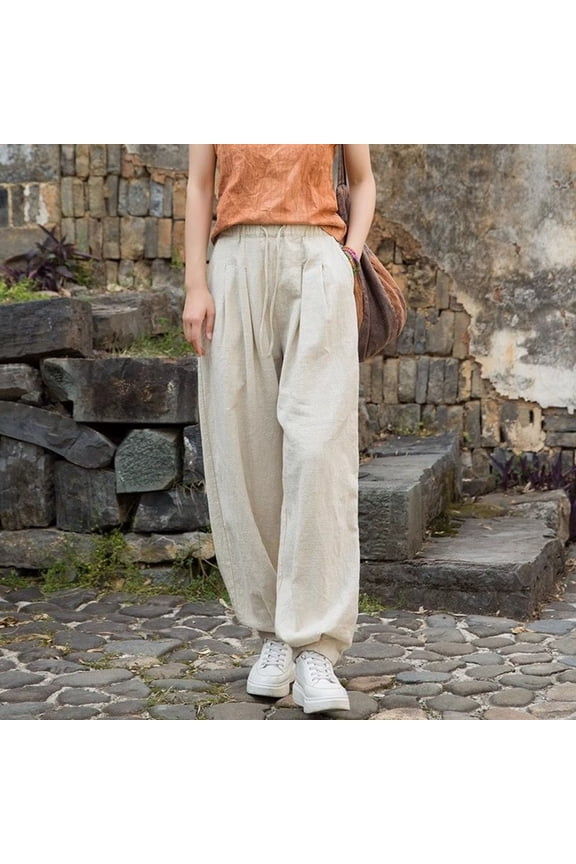 Women Plus Size Wide Leg Elastic Waist Flowy Loose Long Harem Pants Casual Cropped Palazzo Trousers for Beach Work Lounge, Beige 2XL