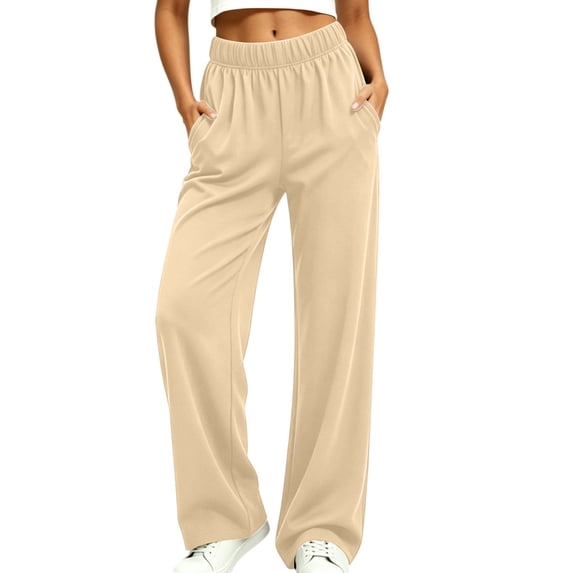 Cagogo Women Plus Size Wide Leg Elastic Waist Lounge Pant with Pockets Casual Solid Loose Long Trousers Travel Work Loungewear Fall Outfits Winter Clothes, Khaki M