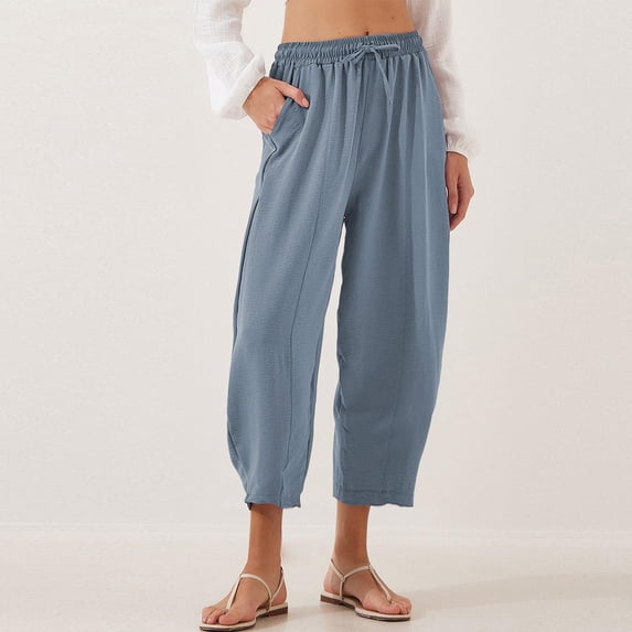 Cagogo Women Plus Size Wide Leg Elastic Waist Pants with Pockets Casual Solid Boho Ankle Trousers Beach Party Work Lounge Palazzo, Navy S