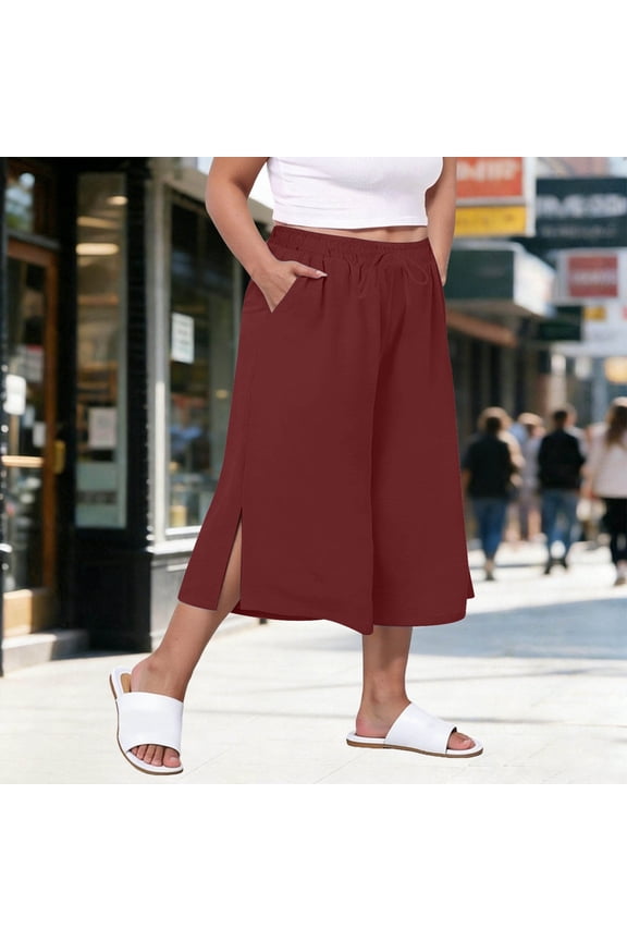 Women Plus Size Wide Leg Elastic Waist Skirt Shorts with Pockets Casual Loose Capri Pants for Summer Workout Beach Lounge Lounge Travel Shorts, Wine 3XL