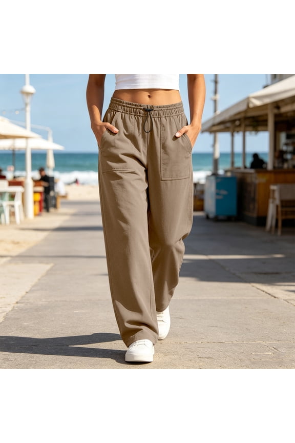 Women Plus Size Wide Leg Elastic Waist Trousers Casual Solid Loose Palazzo Pants with Pockets Workout Lounge Travel Office Wear, Khaki M