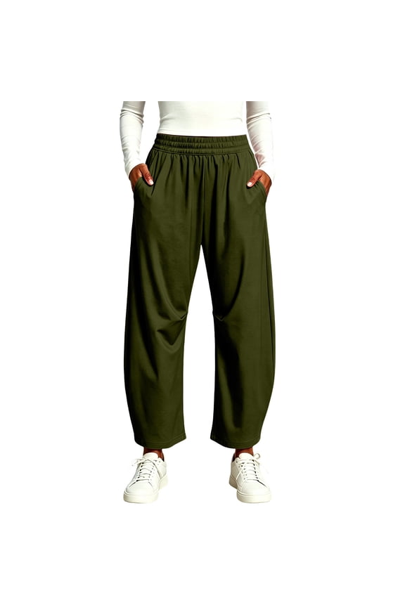 Women Plus Size Wide Leg Elastic Waist Trousers with Pockets Casual Hiking Ankle Pants Active Loose Long Pants Trousers, Army Green 3XL