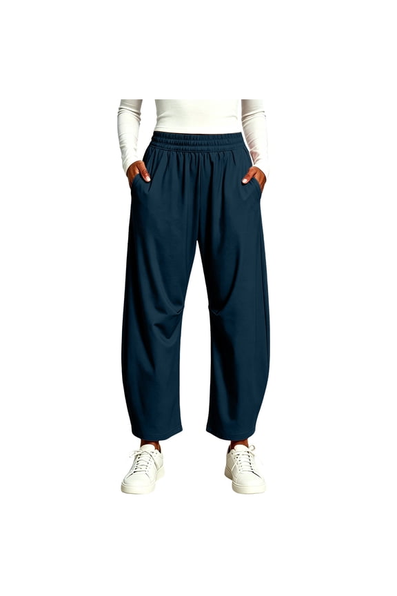Women Plus Size Wide Leg Elastic Waist Trousers with Pockets Casual Hiking Ankle Pants Active Loose Long Pants Trousers, Dark Blue 2XL