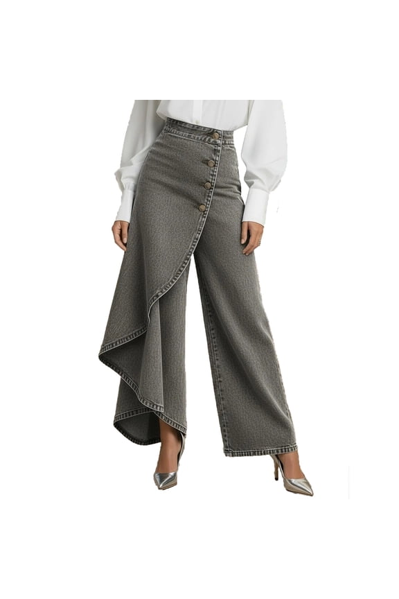 Women Plus Size Wide Leg High Waisted Flowy Casual Ruffle Jeans Pants Vacation Travel Beach Loose Denim Trousers Spring Summer Clothes, Gray M