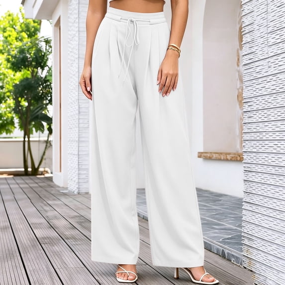 Cagogo Women Plus Size Wide Leg High Waisted Lounge Pant with Pockets Solid Casual Vacation Long Trousers Baggy Palazzo Pants, White 3XL