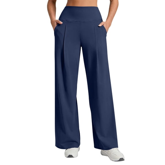 Cagogo Women Plus Size Wide Leg High Waisted Pants with Pockets Casual Solid Basic Lounge Long Trousers Vacation, Navy S