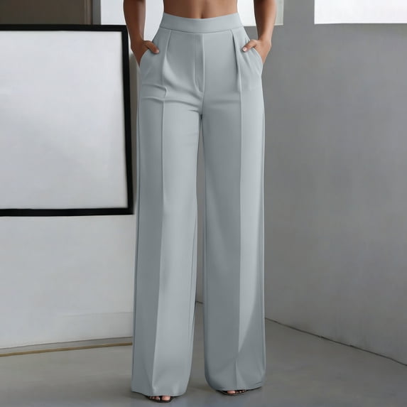 Cagogo Women Plus Size Wide Leg High Waisted Pants with Pockets Solid Elegant Office Long Trousers Business Casual Dressy Flowy Work Trousers, Gray L