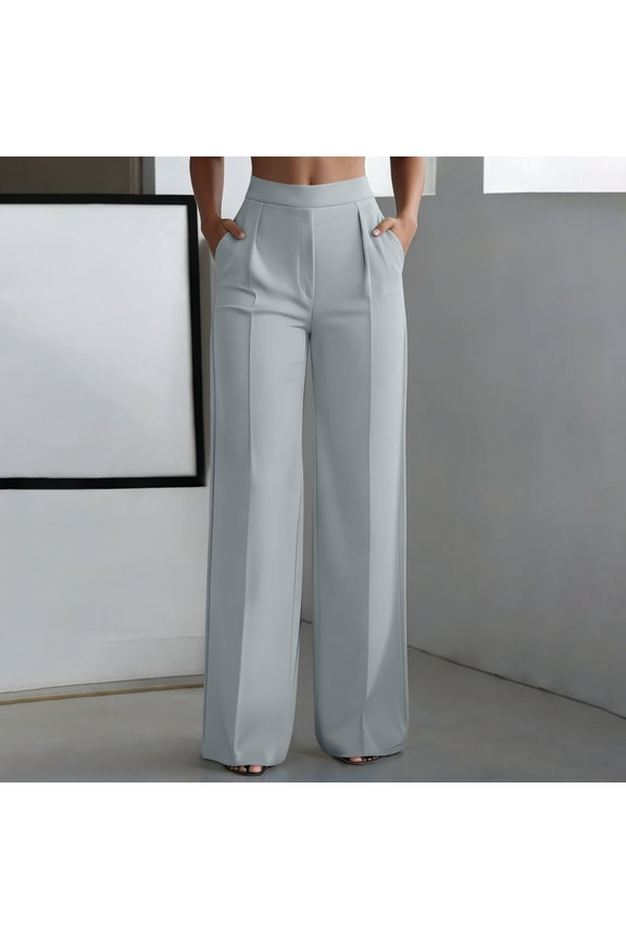 Women Plus Size Wide Leg High Waisted Pants with Pockets Solid Elegant Office Long Trousers Business Casual Dressy Flowy Work Trousers, Gray M