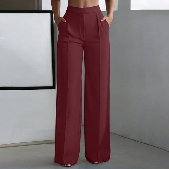 Cagogo Women Plus Size Wide Leg High Waisted Pants with Pockets Solid Elegant Office Long Trousers Business Casual Dressy Flowy Work Trousers, Wine S