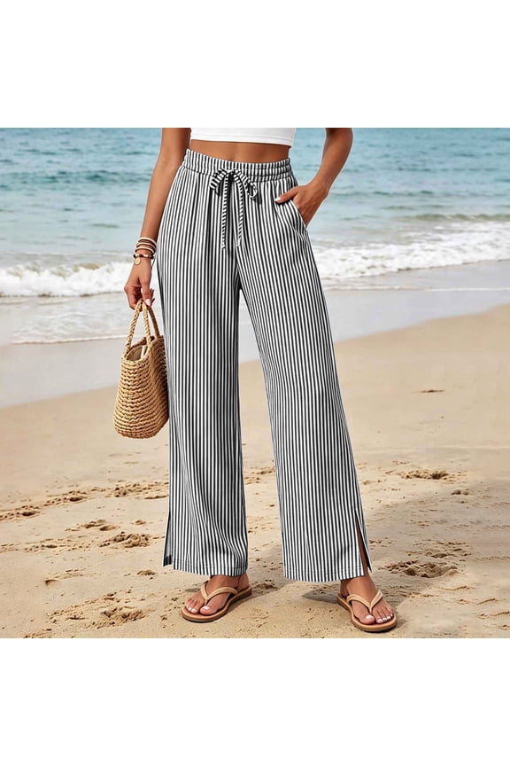 Women Plus Size Wide Leg High Waisted Pants with Pockets Striped Casual Palazzo Lounge Trousers Beach Vacation Summer Travel Clothes, Black S