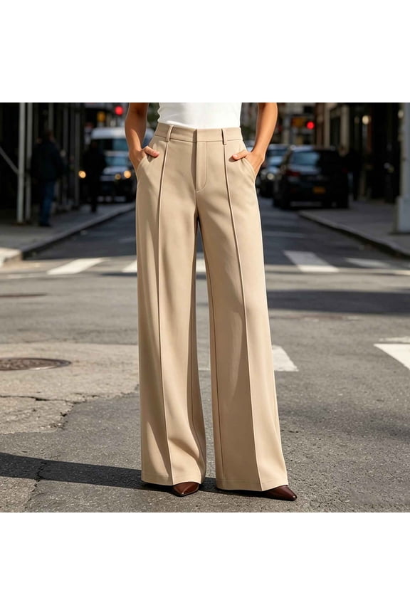 Women Plus Size Wide Leg High Waisted Trousers with Pockets Elegant Streetwear Loose Long Palazzo Pants Casual Travel Beach Lounge Clothes, Khaki L