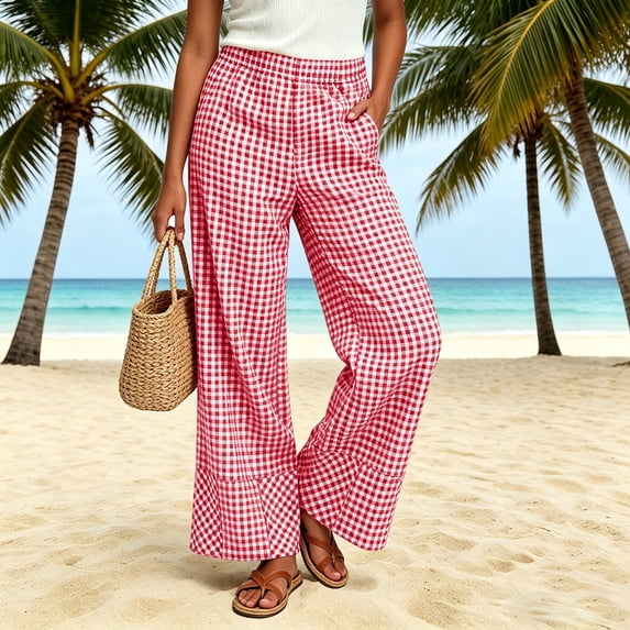 Cagogo Women Plus Size Wide Leg High Waisted Trousers with Pockets Plaid Casual Vacation Loose Long Pants Beach Travel Trousers Summer Fashion Clothes, Red S