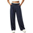 thumbnail image 1 of Cagogo Women Plus Size Wide Leg High Waisted Trousers Striped Casual Loose Long Pants with Pockets Streetwear Party Work Travel, Dark Blue L, 1 of 4