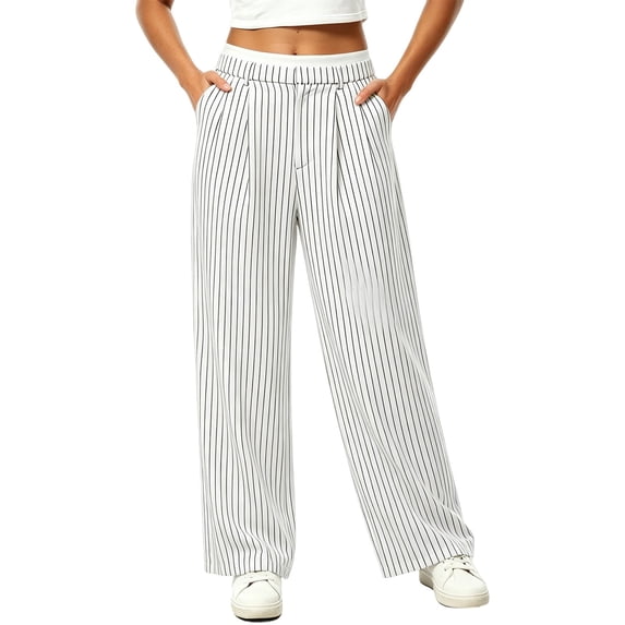 Cagogo Women Plus Size Wide Leg High Waisted Trousers Striped Casual Loose Long Pants with Pockets Streetwear Party Work Travel, White XL