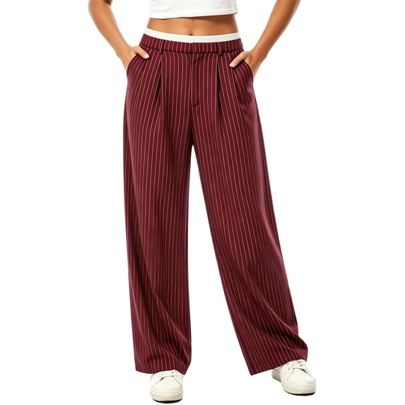 Cagogo Women Plus Size Wide Leg High Waisted Trousers Striped Casual Loose Long Pants with Pockets Streetwear Party Work Travel, Wine XL