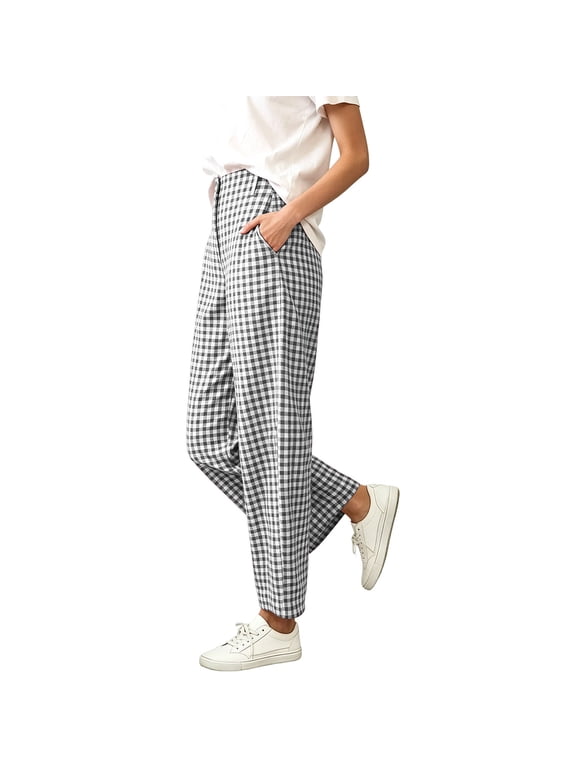 Women Plus Size Wide Leg High Waisted Trousers with Pockets Plaid Casual Loose Ankle Pants Travel Vacation Work Lounge Clothes, Gray XL