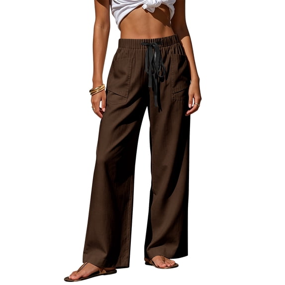 Cagogo Women Plus Size Wide Leg Trousers with Pockets Elastic Waist Casual Solid Long Pants Loose Work Beach Lounge Trousers Fashion Party Clothes, Brown L