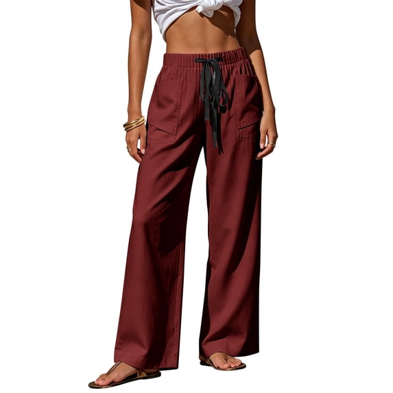 Cagogo Women Plus Size Wide Leg Trousers with Pockets Elastic Waist Casual Solid Long Pants Loose Work Beach Lounge Trousers Fashion Party Clothes, Red 3XL
