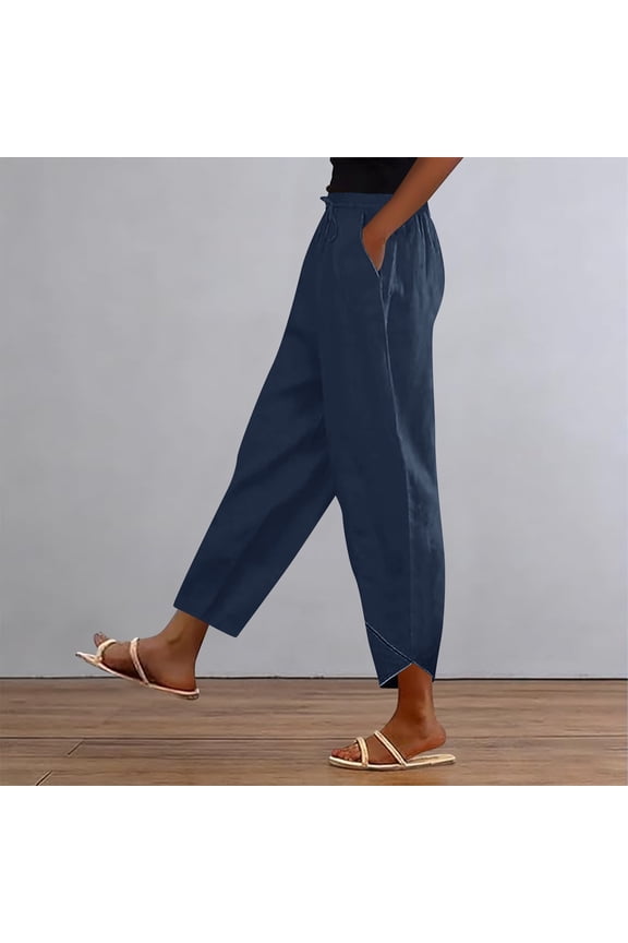 Women Plus Size Wide Leg Trousers with Pockets Casual Elastic Waist Loose Ankle Pants Solid Travel Lounge Work Bottoms, Navy XL