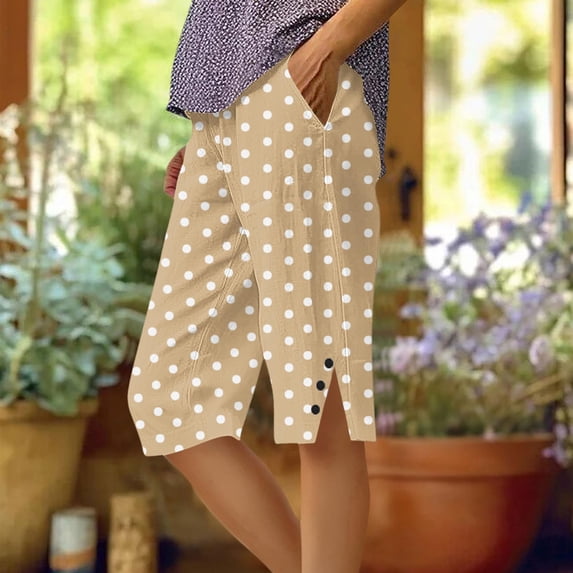 Cagogo Women Polka Dot Capri Pants Elastic Waist Loose Casual Summer Vacation Shorts with Pockets Flowy Beach Lounge Trousers, Khaki 2XL