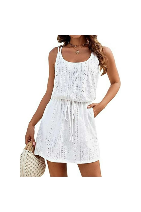 Women Spaghetti Strap Boho Swim Cover Up Sleeveless Hollow Out Bathing Suit Beach Dress Summer Swimwear Coverups